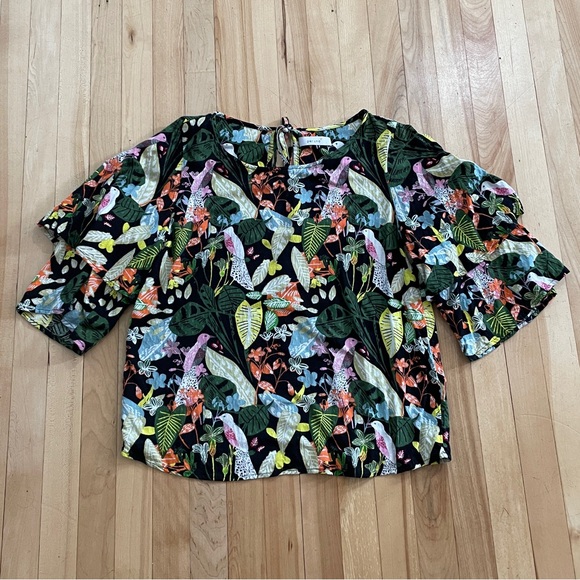 Per Una Bold Tropical Flower & Bird Print with Ruffled Sleeve Top - UK 8 / US 4 - Picture 3 of 16